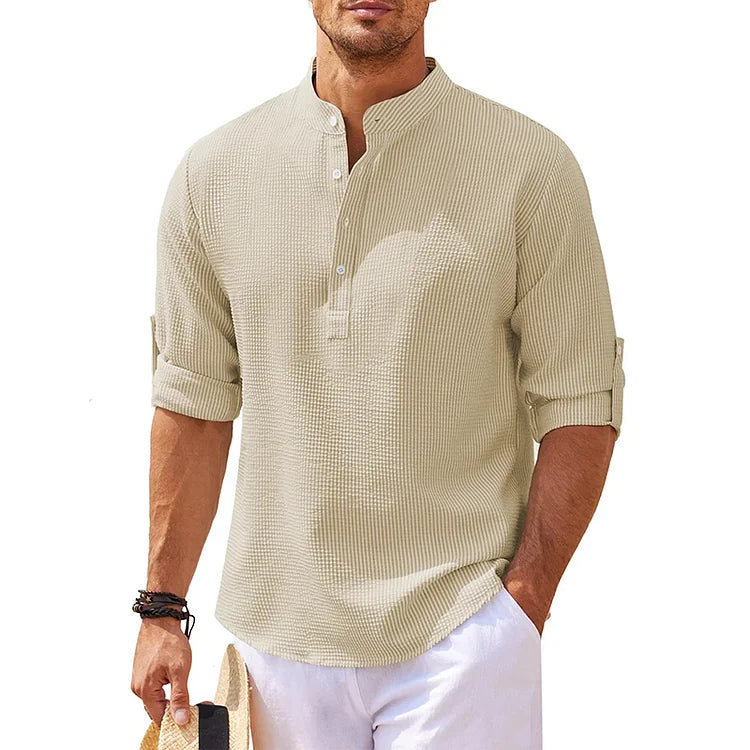 Tom - Linnen Henley Shirt met Lange Mouwen