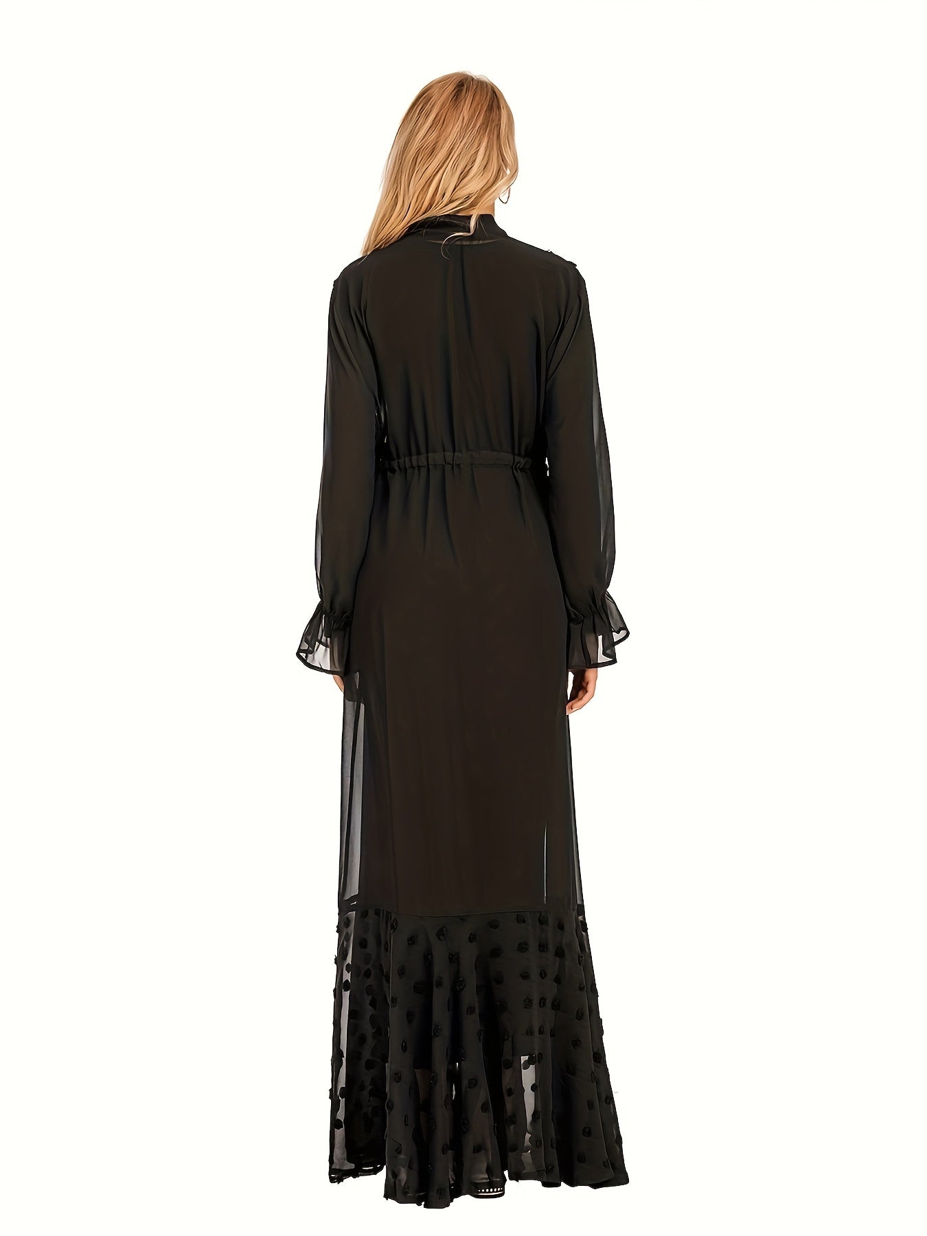 Anne - Elegante Zwitserse Stip Maxi Kaftan met Mesh Mouwen