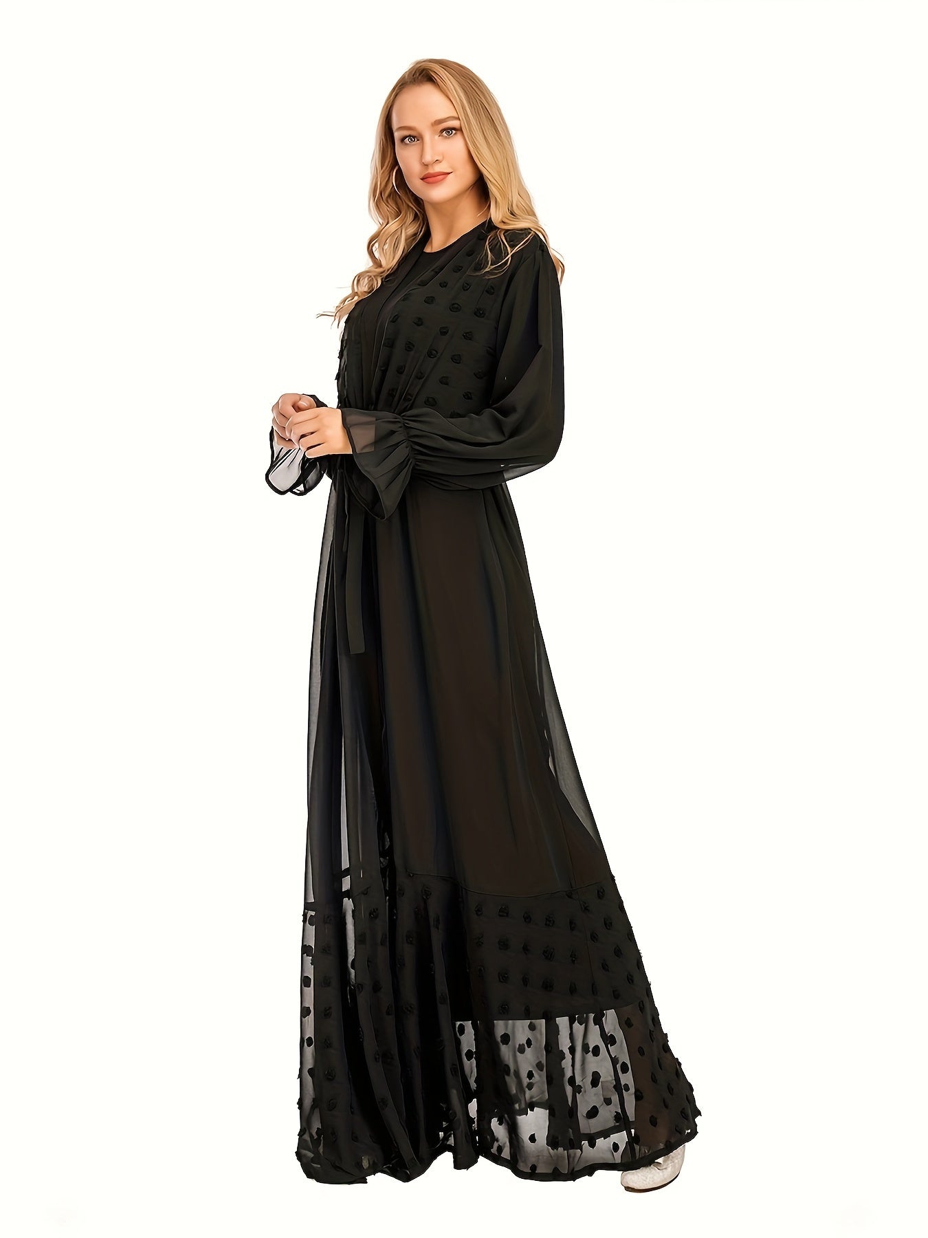 Anne - Elegante Zwitserse Stip Maxi Kaftan met Mesh Mouwen