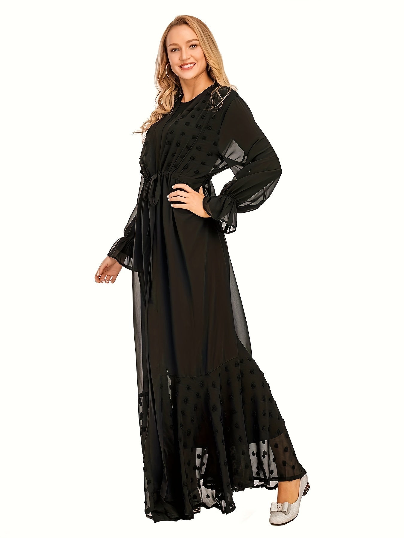 Anne - Elegante Zwitserse Stip Maxi Kaftan met Mesh Mouwen