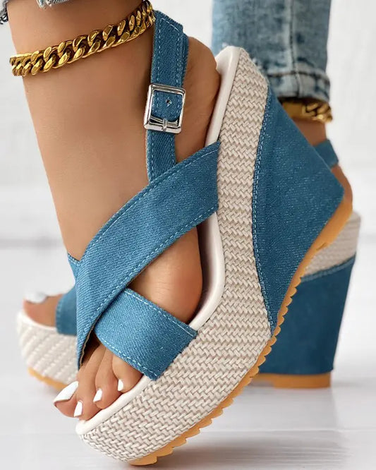 Helena - Open Teen Slingback Denim Wedges