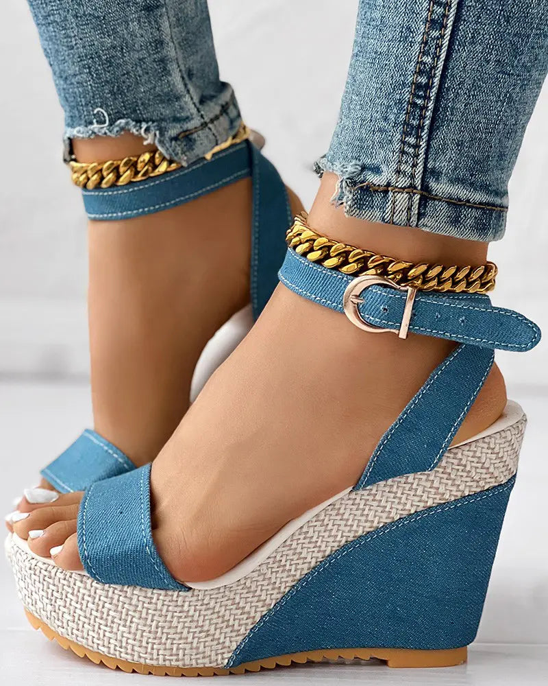 Tessa - Enkelband Peep-Toe Denim Sleehakken