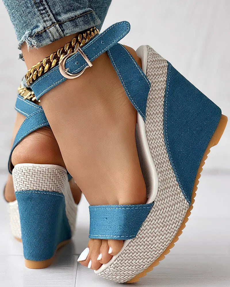 Tessa - Enkelband Peep-Toe Denim Sleehakken