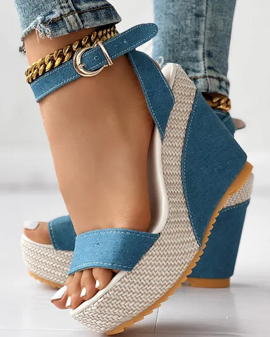 Tessa - Enkelband Peep-Toe Denim Sleehakken