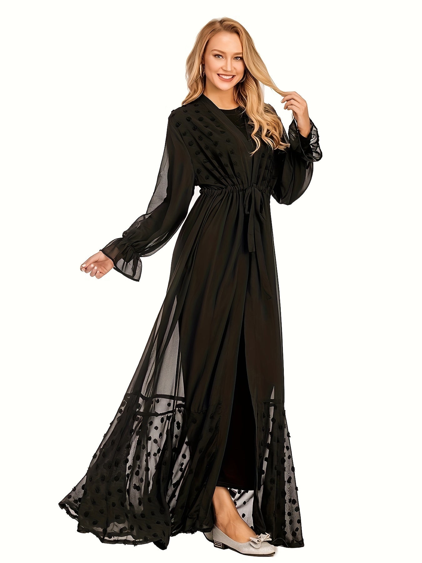 Anne - Elegante Zwitserse Stip Maxi Kaftan met Mesh Mouwen