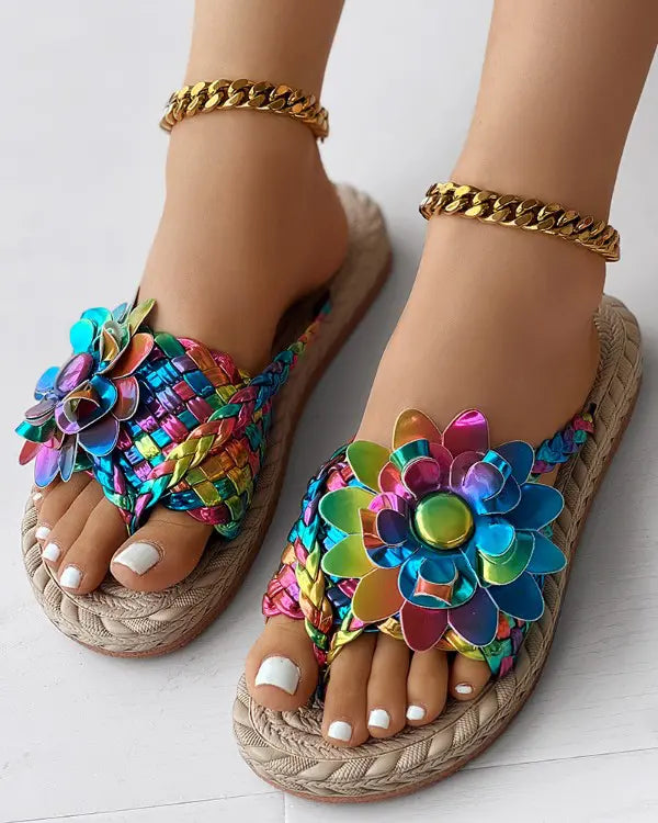 Lizly - Holografische Gevlochten Bloemen Flip-Flops