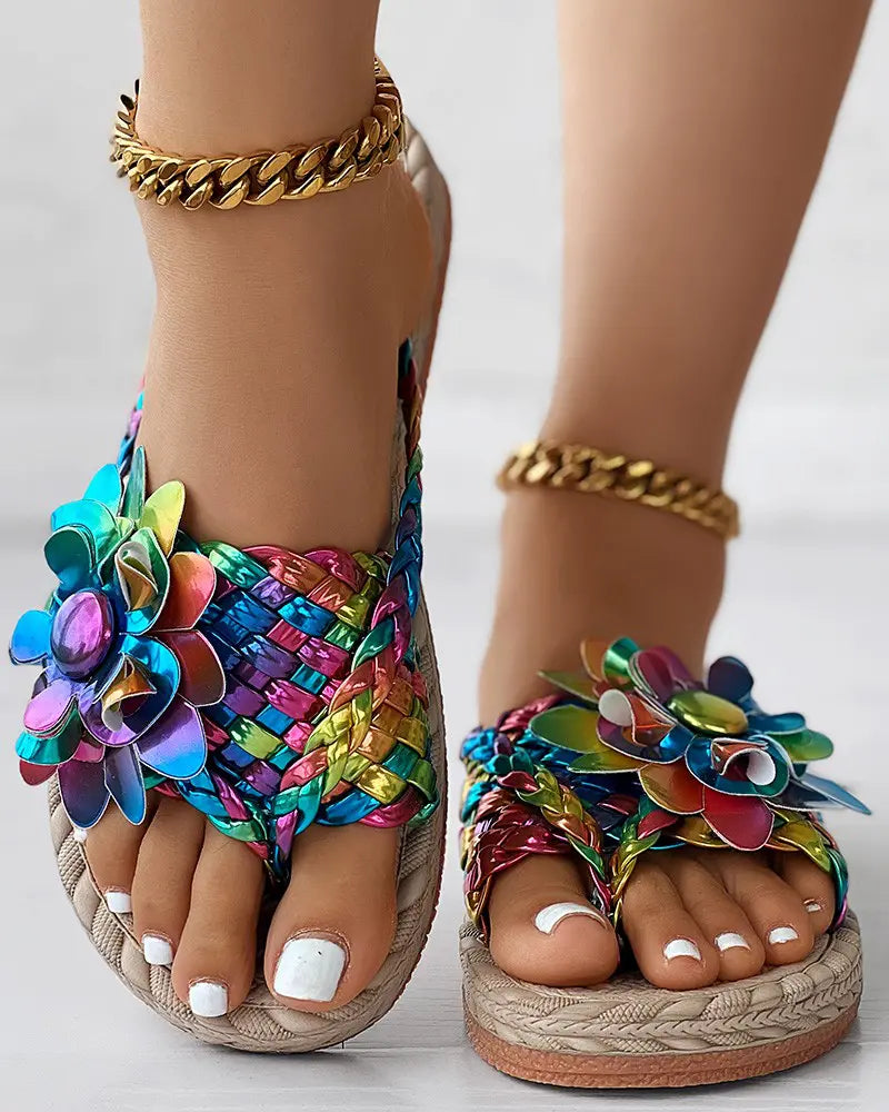 Lizly - Holografische Gevlochten Bloemen Flip-Flops