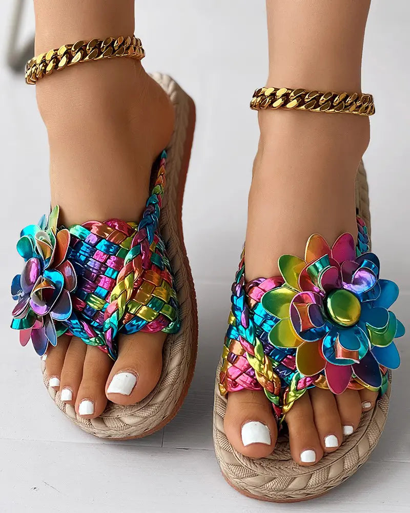 Lizly - Holografische Gevlochten Bloemen Flip-Flops