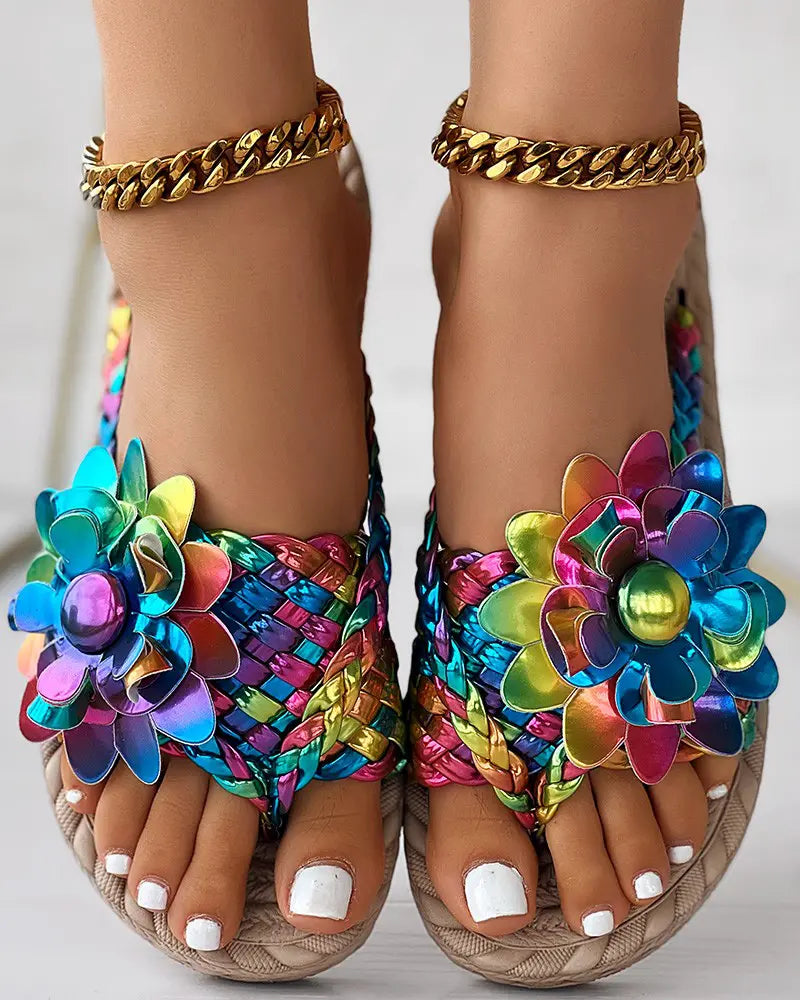 Lizly - Holografische Gevlochten Bloemen Flip-Flops