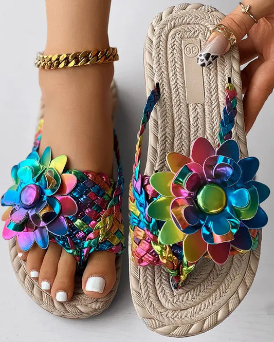 Lizly - Holografische Gevlochten Bloemen Flip-Flops