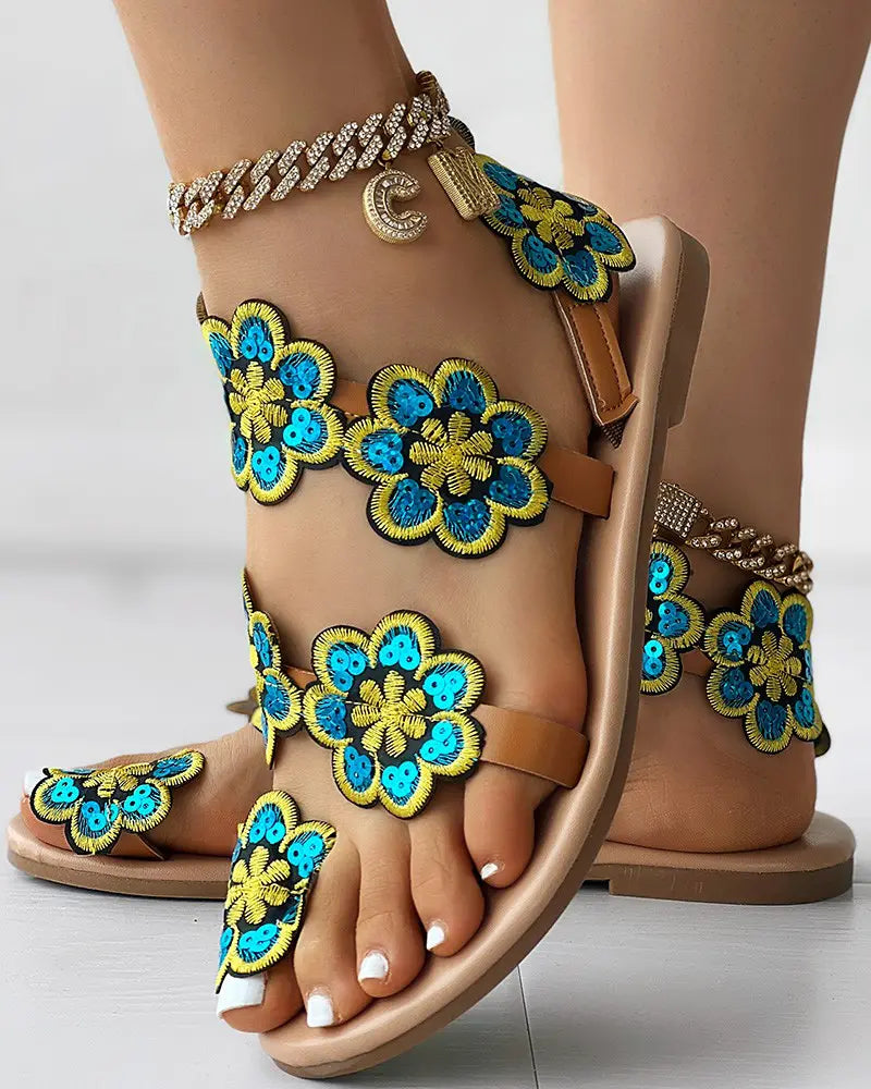 Valerie - Bloemmotief Teenring Strand Sandalen