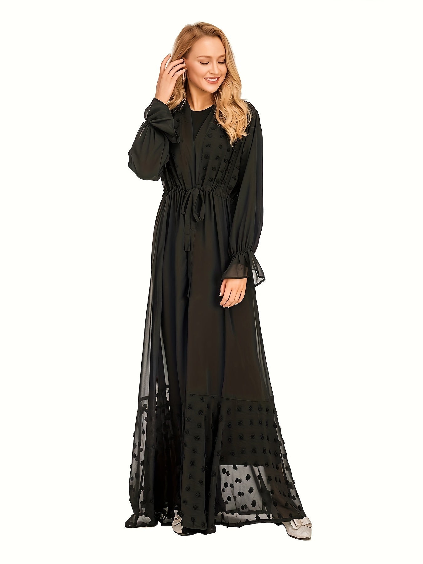 Anne - Elegante Zwitserse Stip Maxi Kaftan met Mesh Mouwen