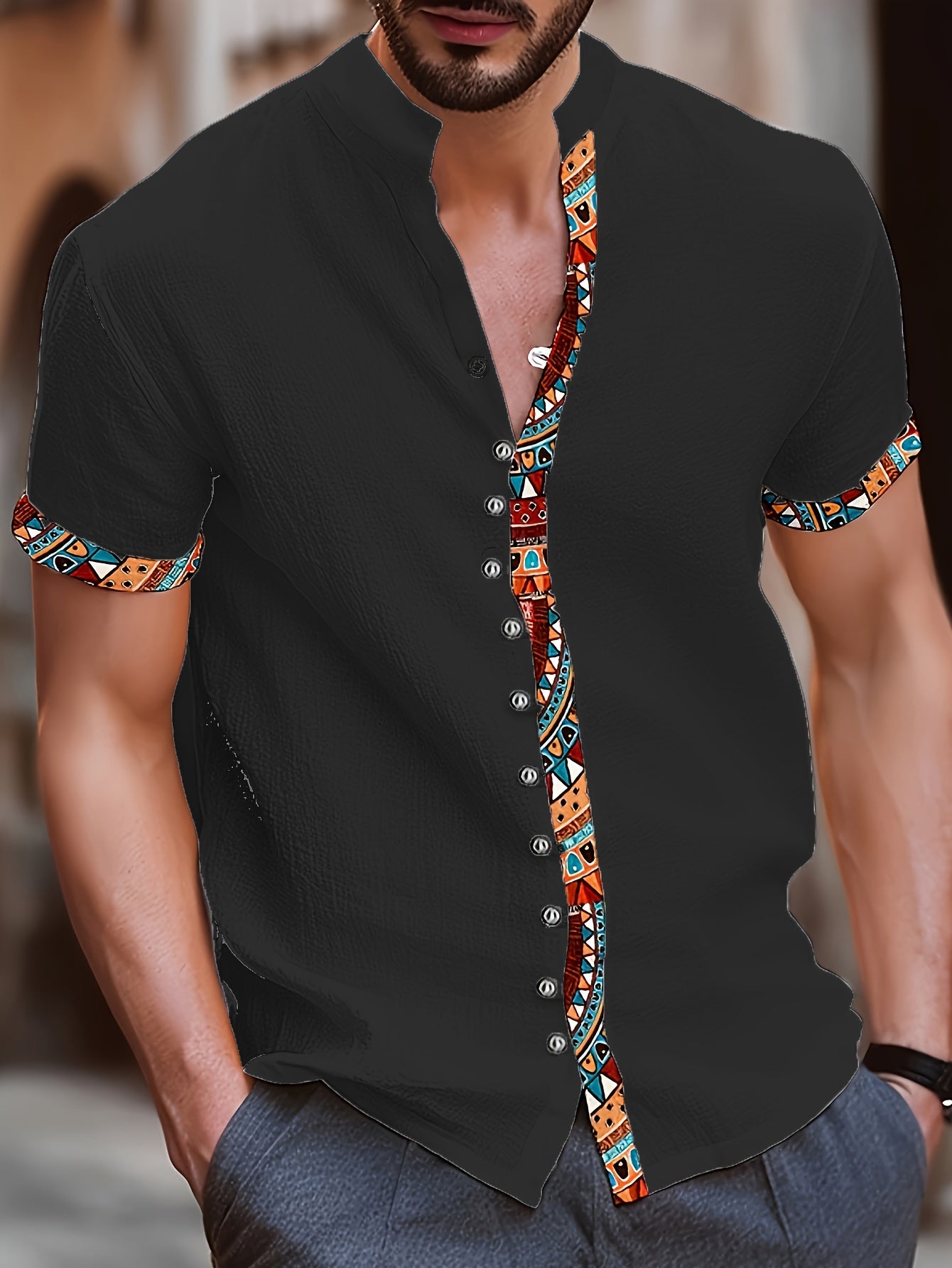 Dominic - Etnisch Patchwork Shirt met Korte Mouwen