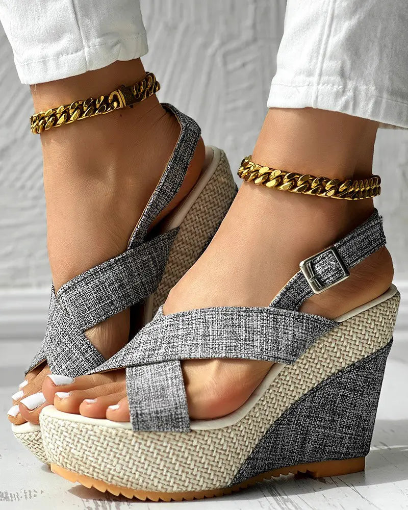 Lara - Denim Wedge Sandalen met Peep Toe