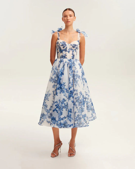 Emily - Blauwe Organza Midi Jurk