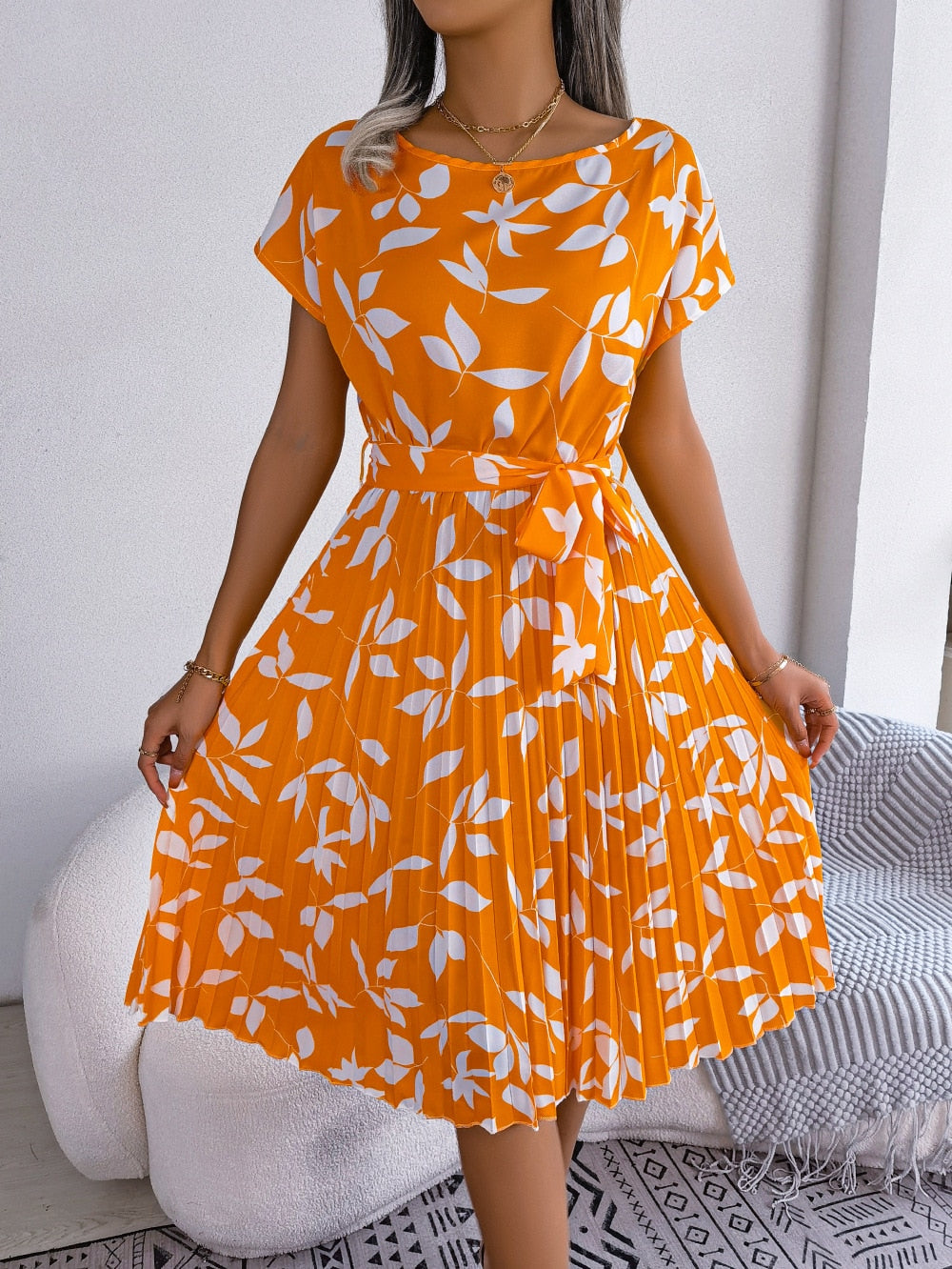 Sophie - Oranje Midi Jurk Met Print