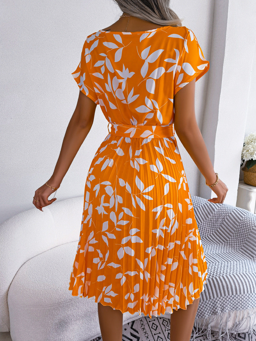 Sophie - Oranje Midi Jurk Met Print