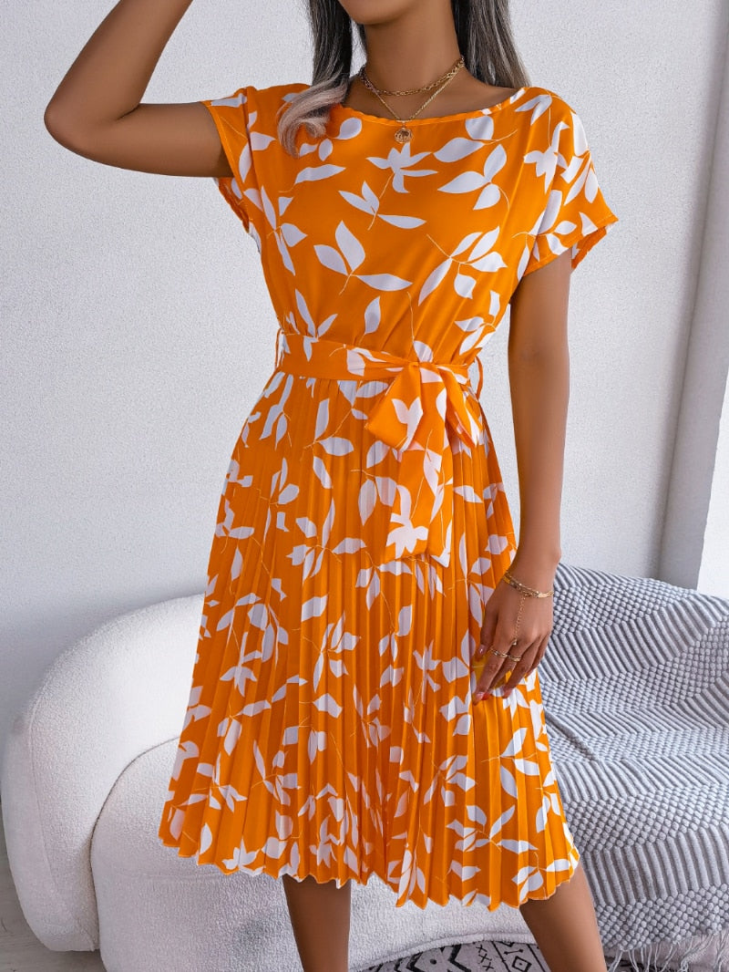 Sophie - Oranje Midi Jurk Met Print