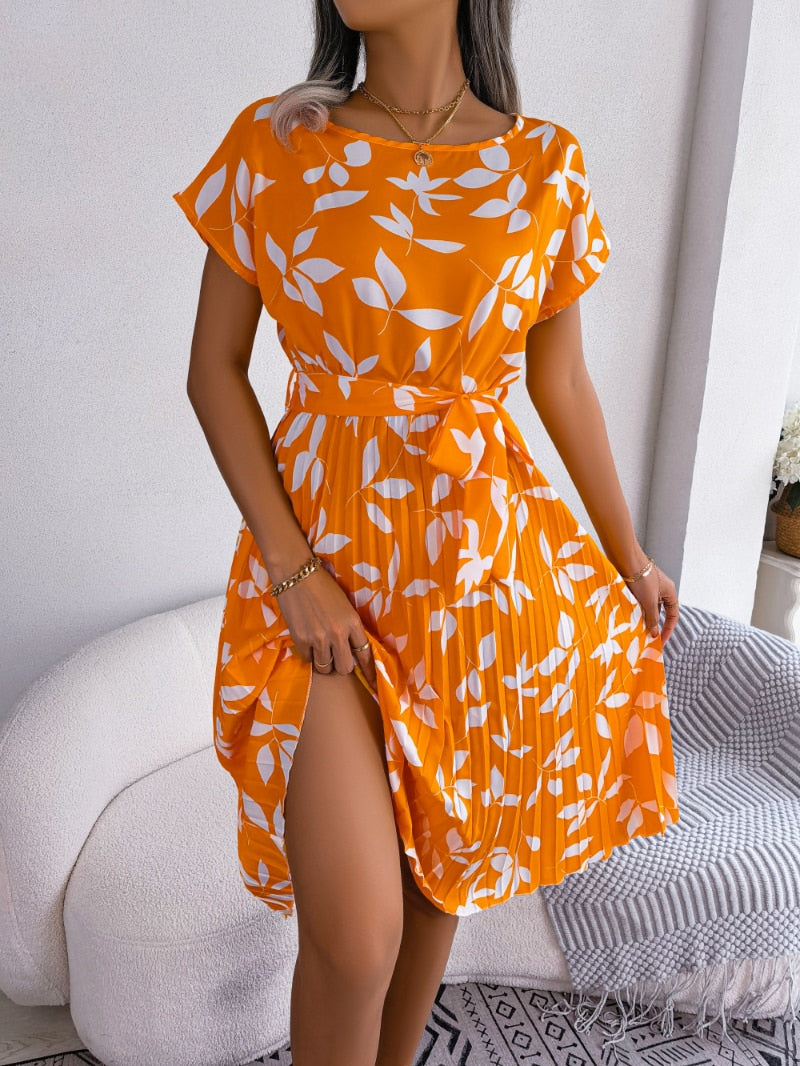 Sophie - Oranje Midi Jurk Met Print