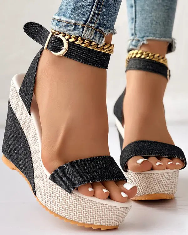 Tessa - Enkelband Peep-Toe Denim Sleehakken