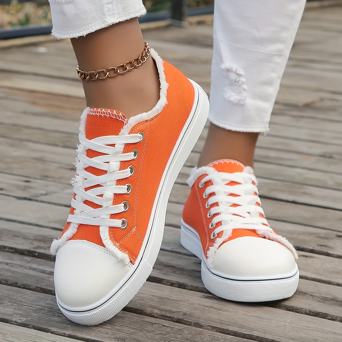 Sophie - Oranje Canvas Veterschoenen