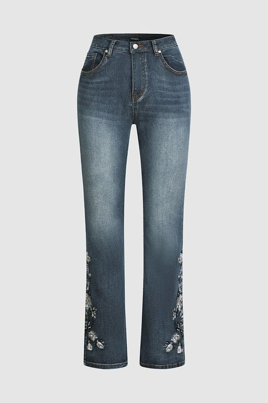 Britt - Flamingo Geborduurde Mid-Waist Jeans