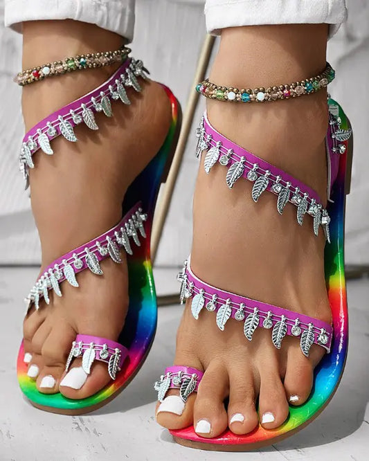 Eliza - Regenboog Ombre Sandalen met Bladmotief