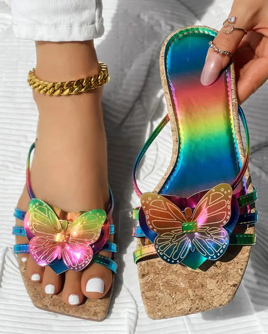 Olivia - Regenboog Ombre Slippers met Vlinderpatroon