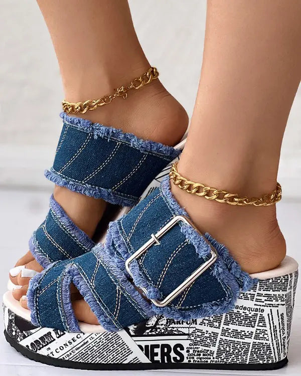 Alexandra - Krant Gesp Denim Sleehakslippers