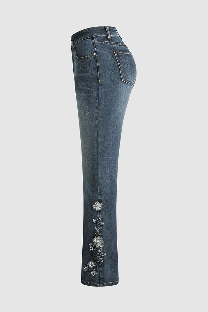 Britt - Flamingo Geborduurde Mid-Waist Jeans