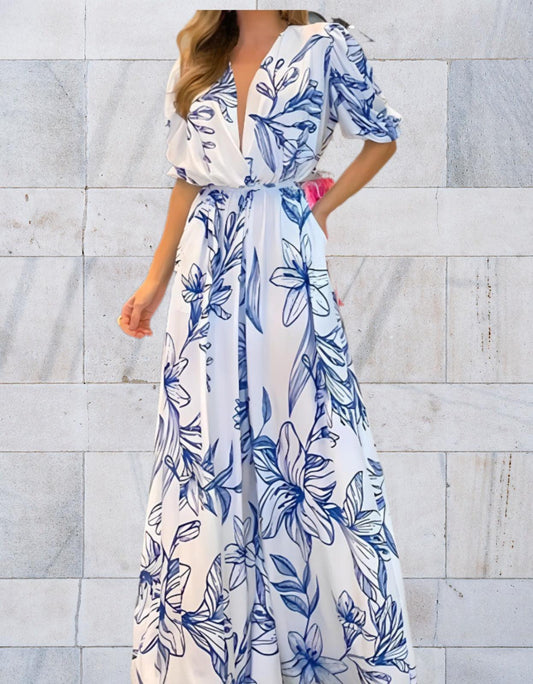 Esmee -  Witte elegante jumpsuit met grote blauwe bloemenprint