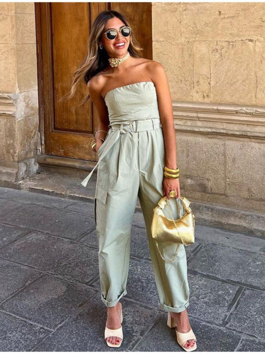 Lily - Groene strapless cargo jumpsuit