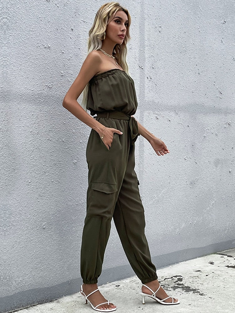 Ella - Donkergroene strapless cargo jumpsuit