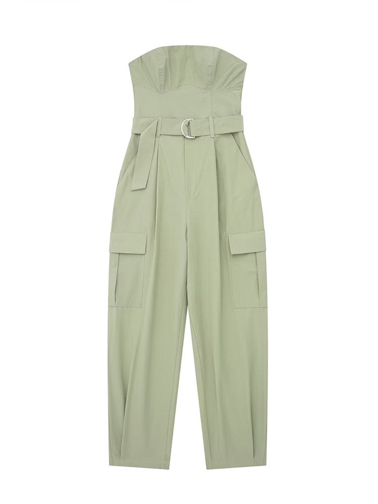 Lily - Groene strapless cargo jumpsuit