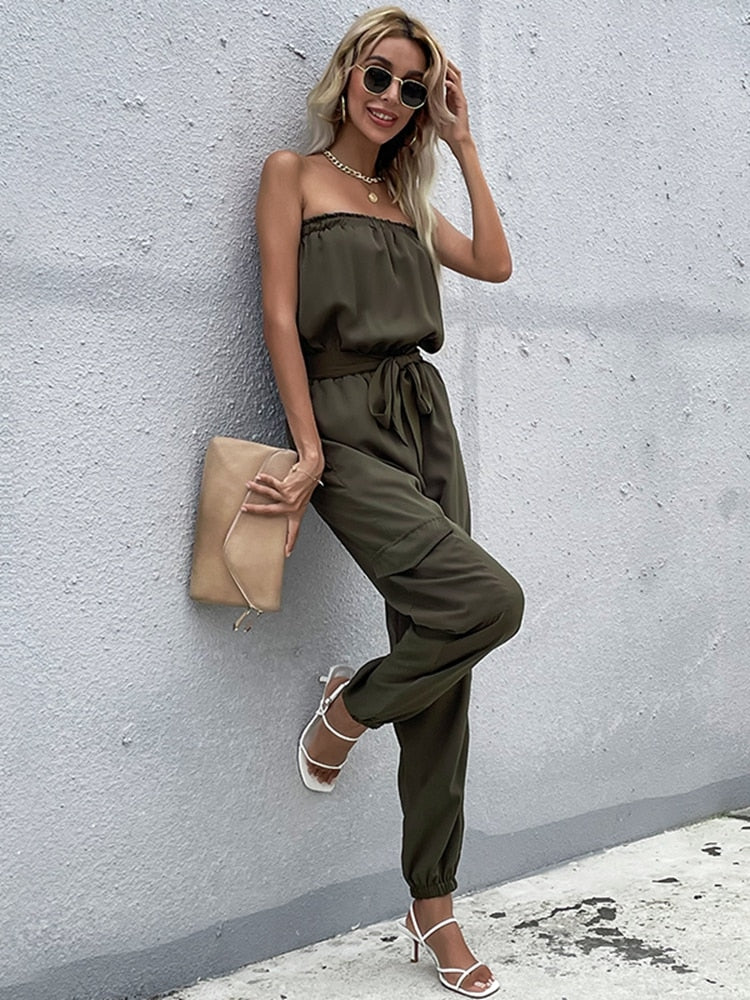 Ella - Donkergroene strapless cargo jumpsuit