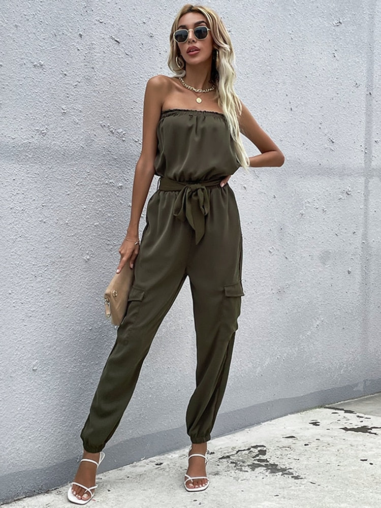 Ella - Donkergroene strapless cargo jumpsuit