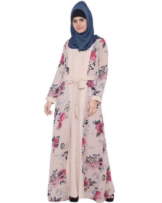 Sofia - Dubbellaagse Abaya met Speelse Sjaal in Lichtbeige Print