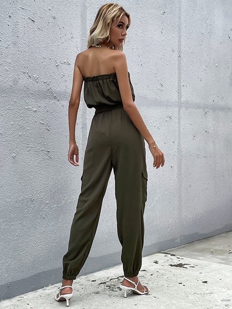 Ella - Donkergroene strapless cargo jumpsuit