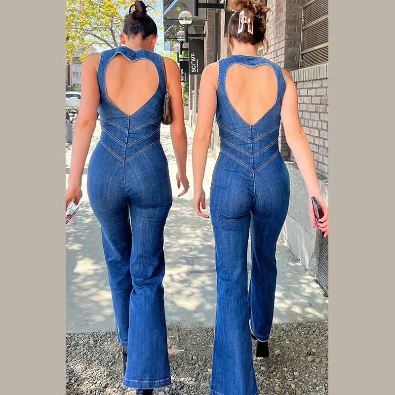 Channy - Bodycon hart denim jumpsuit met open rug