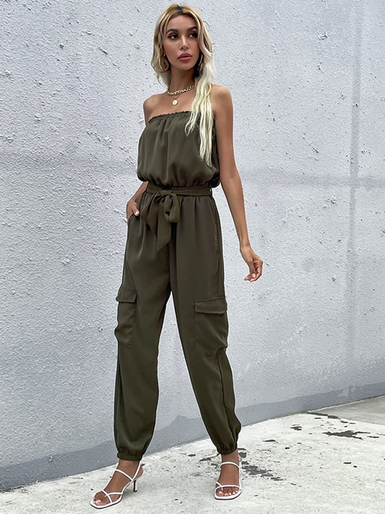 Ella - Donkergroene strapless cargo jumpsuit