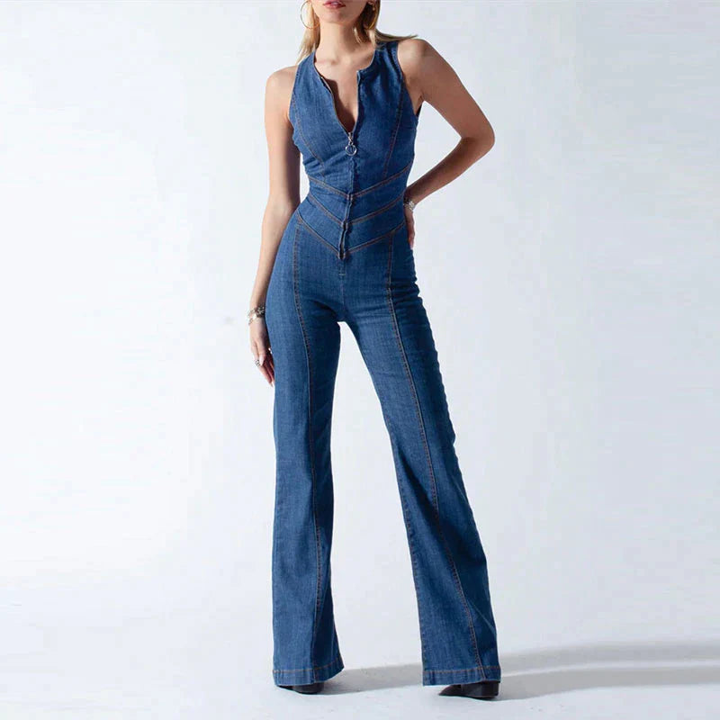 Channy - Bodycon hart denim jumpsuit met open rug