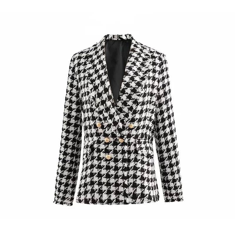 Angelien - zwart-witte blazerjas in houndstooth met gouden knopen