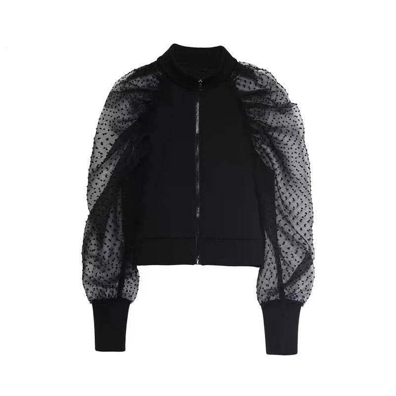 Anneke - Mesh Sleeve Full Zip Up High Neck Sweater