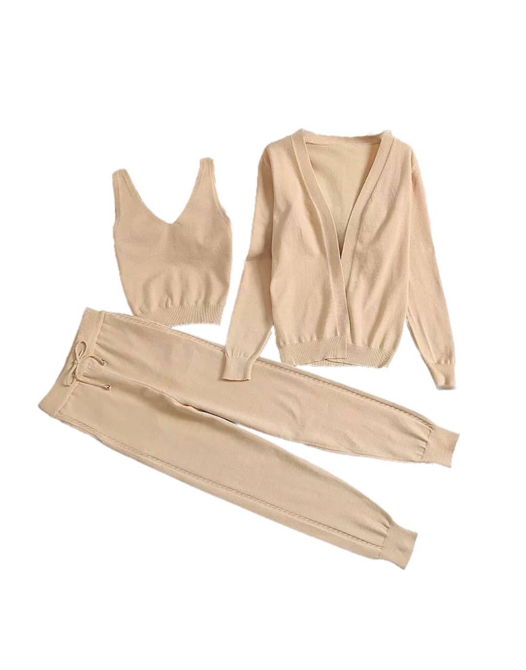 Hansje - Pastel Camisole Vest Broek Driedelige Set in Beige