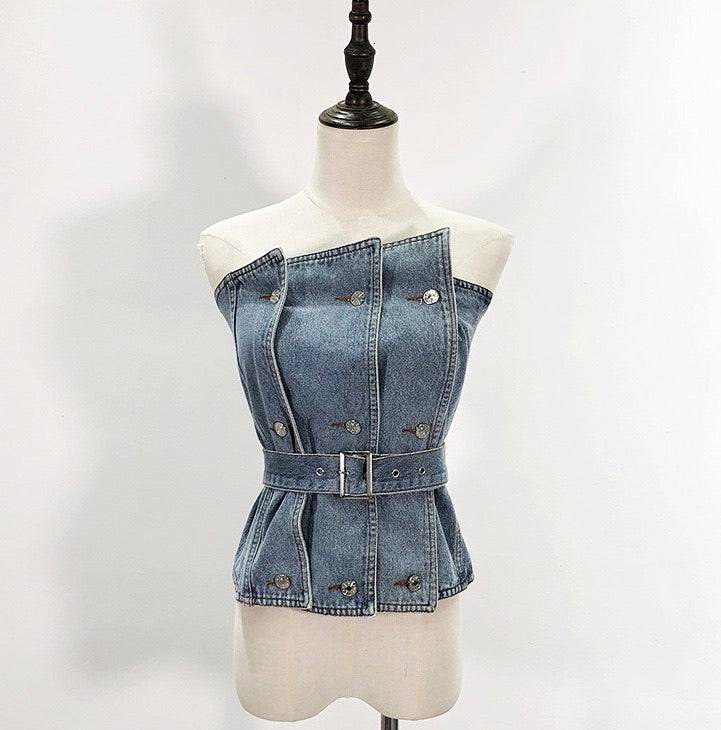 Jacintha - Strapless Denim Top met riem